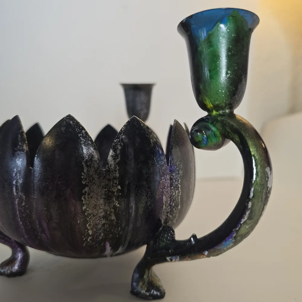 HANDCRAFTED Upcycled 3 Candlestick Holder HANDPAINTED Tabletop Candle Decor